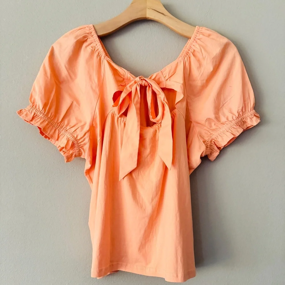 NWT J.Crew Peach Puff Sleeve Top with Tie Back Size M